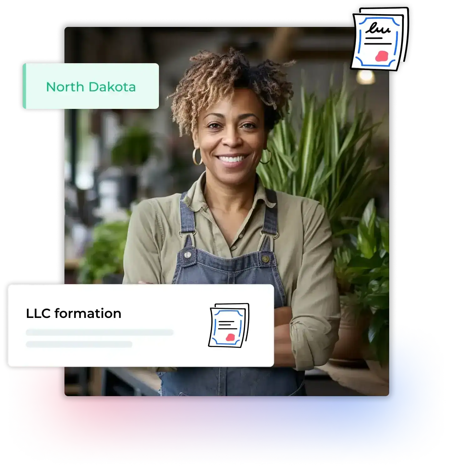 Woman in front of a plant wearing an apron after filing her LLC in North Dakota