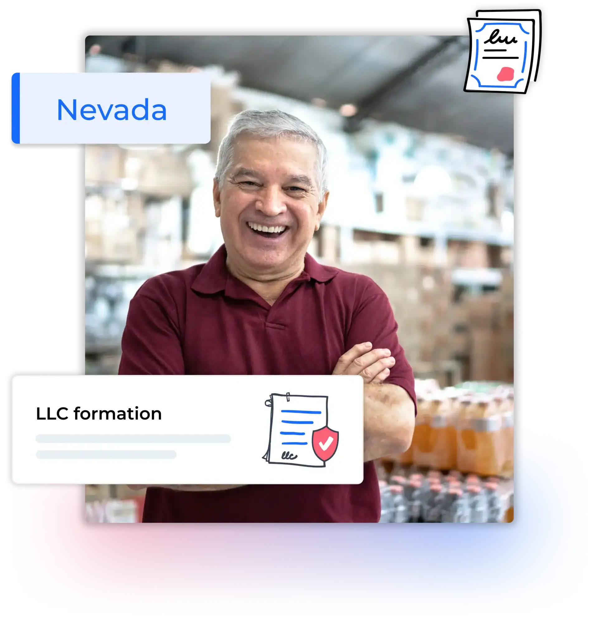 Nevada LLC formation text with man smiling in a storage room