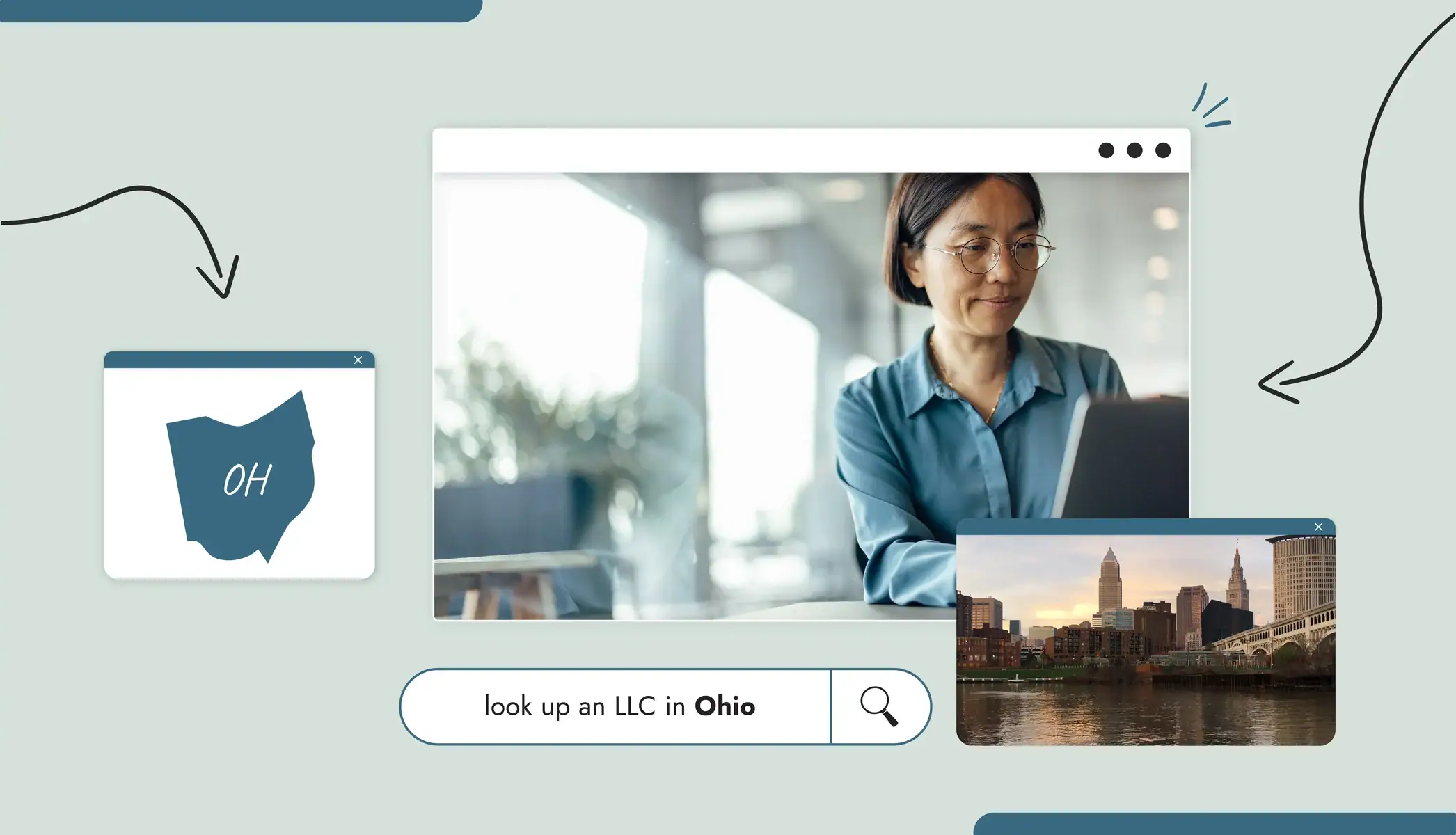 A woman sitting at a desk typing on a computer doing an LLC lookup Ohio state map