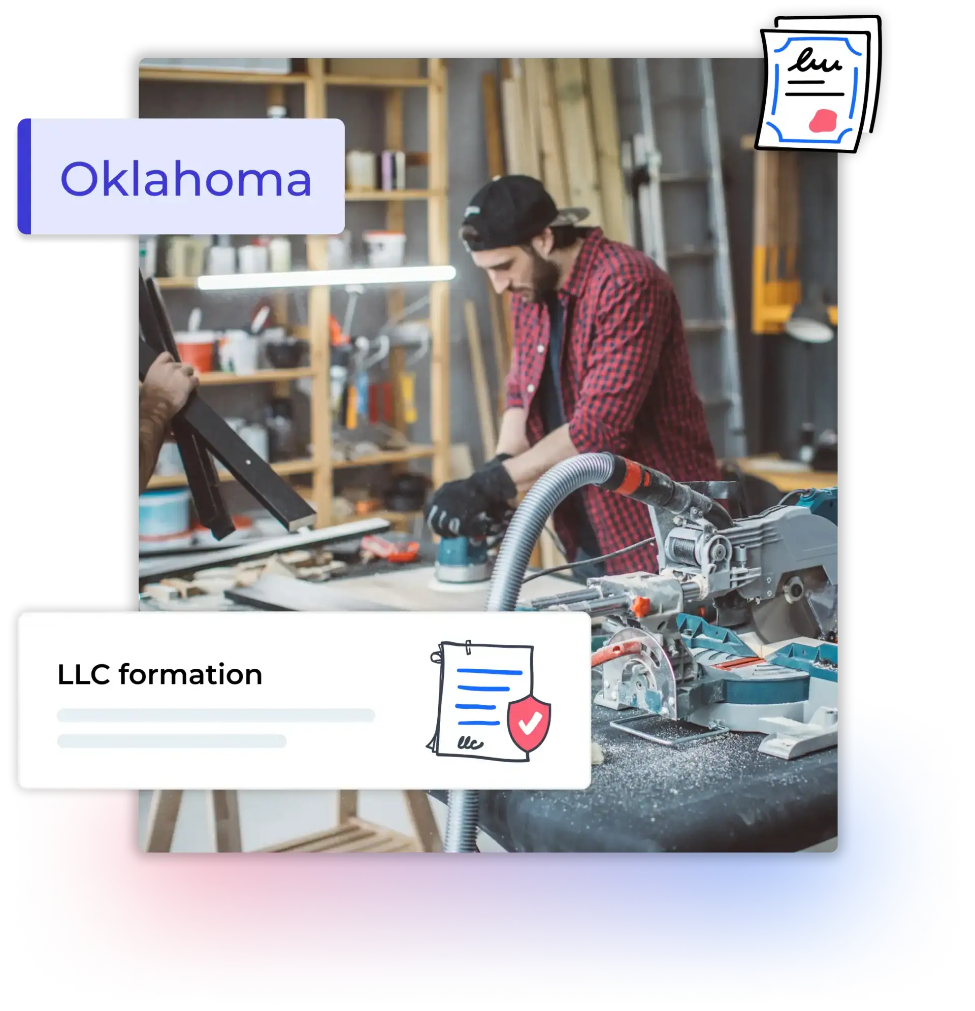 Oklahoma LLC formation text with man with a cap working in a carpentry shop