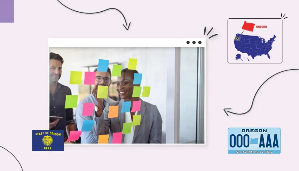 Small business owners adding sticky notes to a clear wall in Oregon