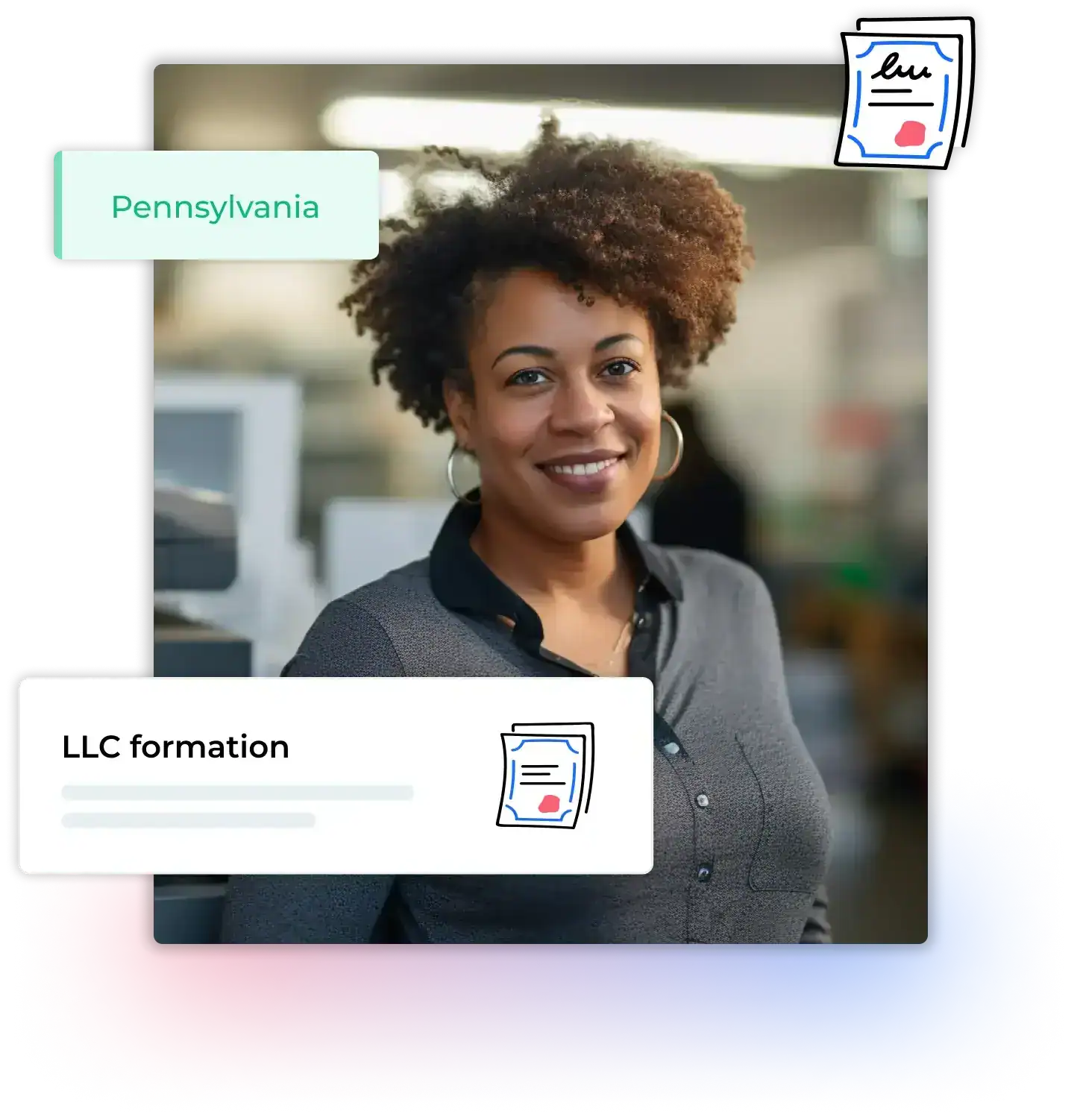 Woman in an office in Pennsylvania next to a printer after filing her LLC