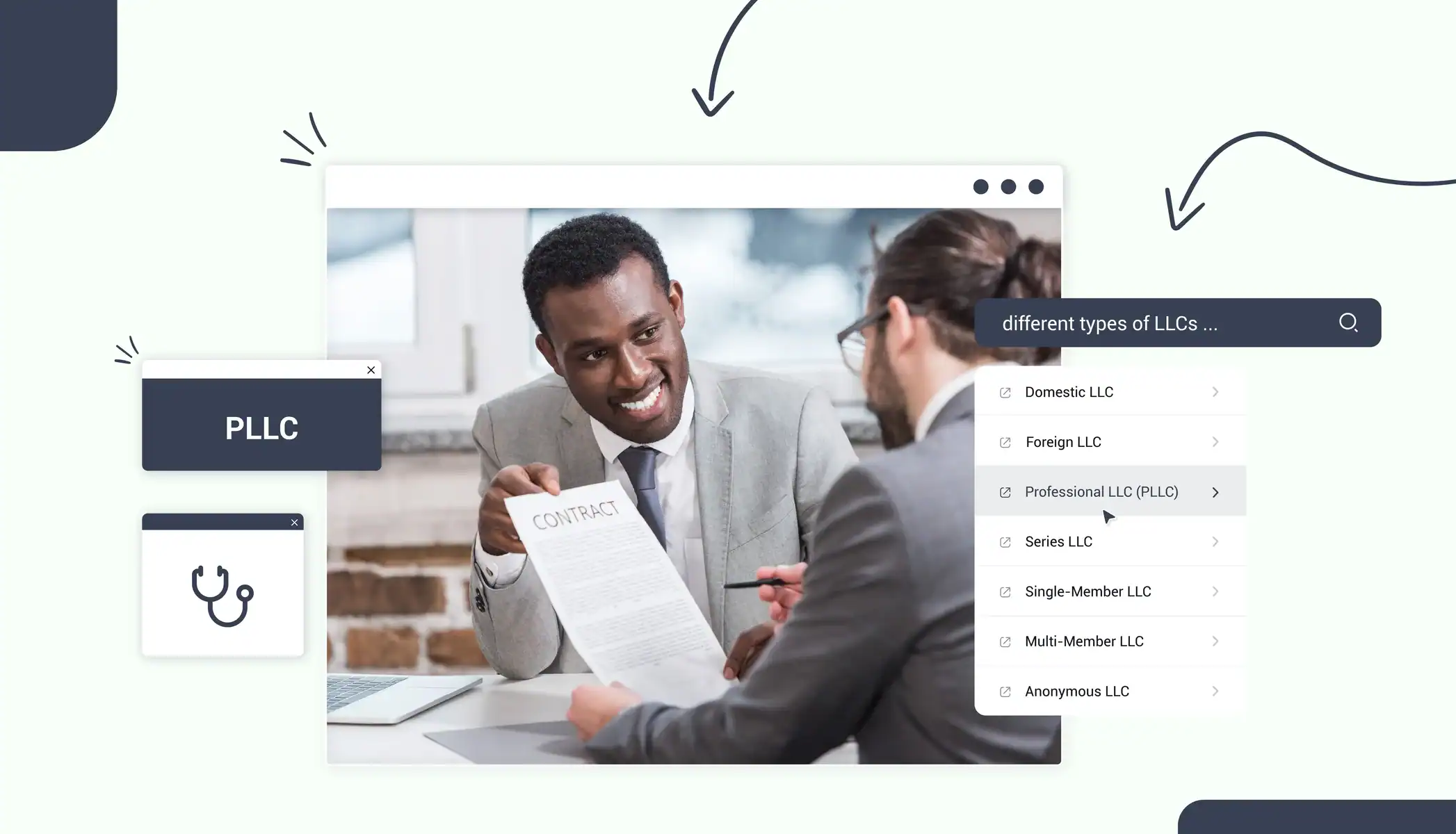 A man showing a contract for a woman, text reads "PLLC"