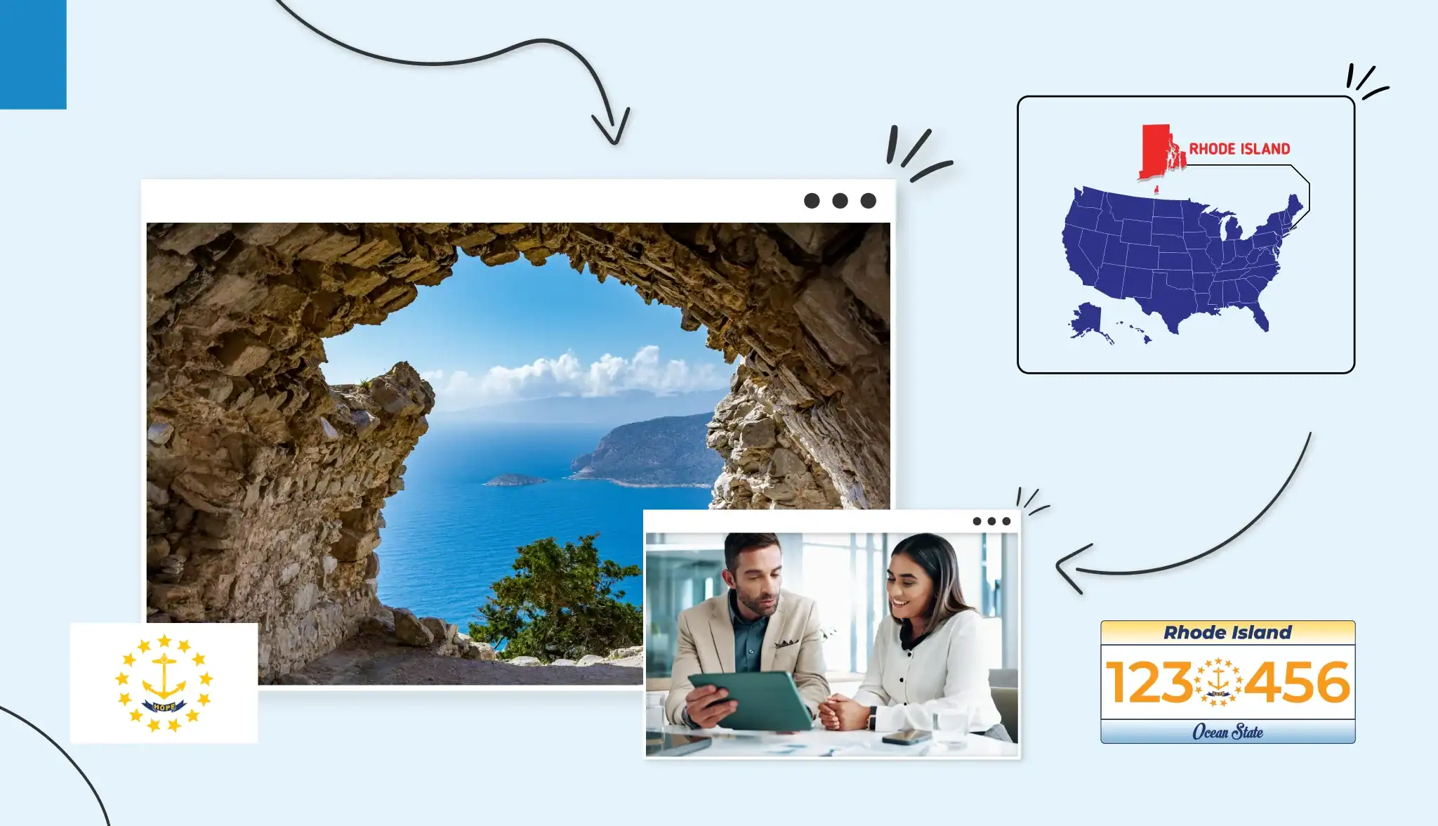 Small business owners in Rhode Island reviewing a document Rhode Island state map