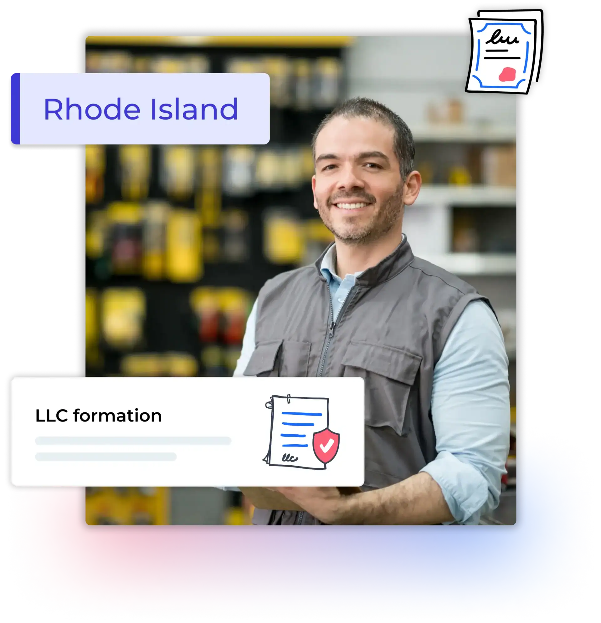 Rhode Island LLC formation text with man at his store