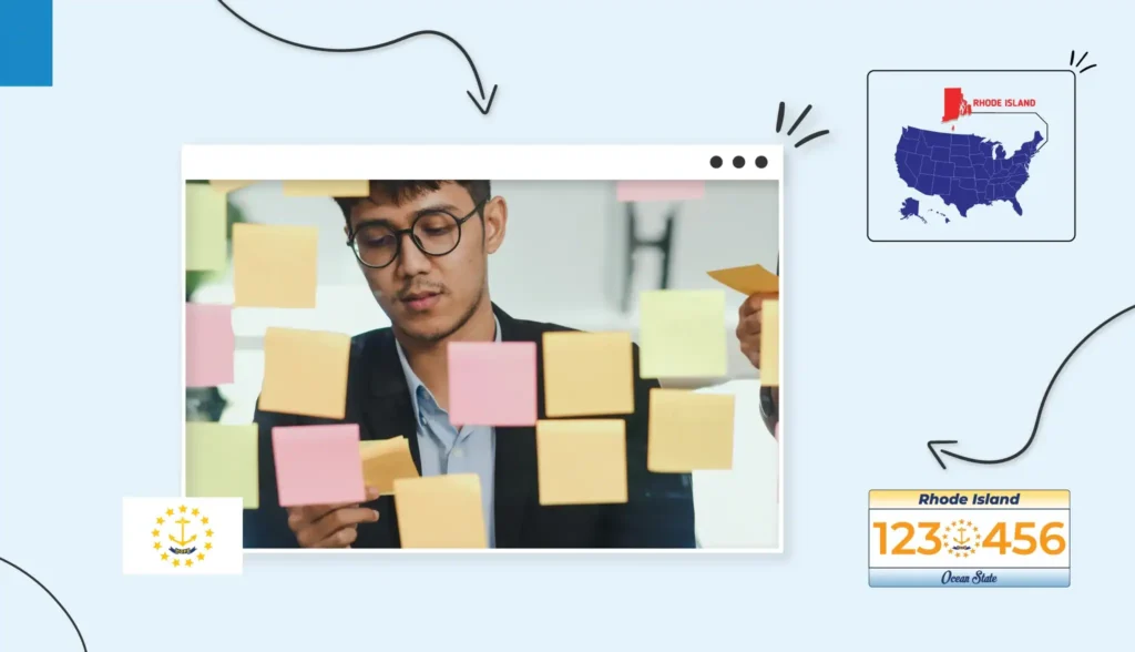 Small business owner in front of a clear board covering in colourful sticky notes in Rhode Island