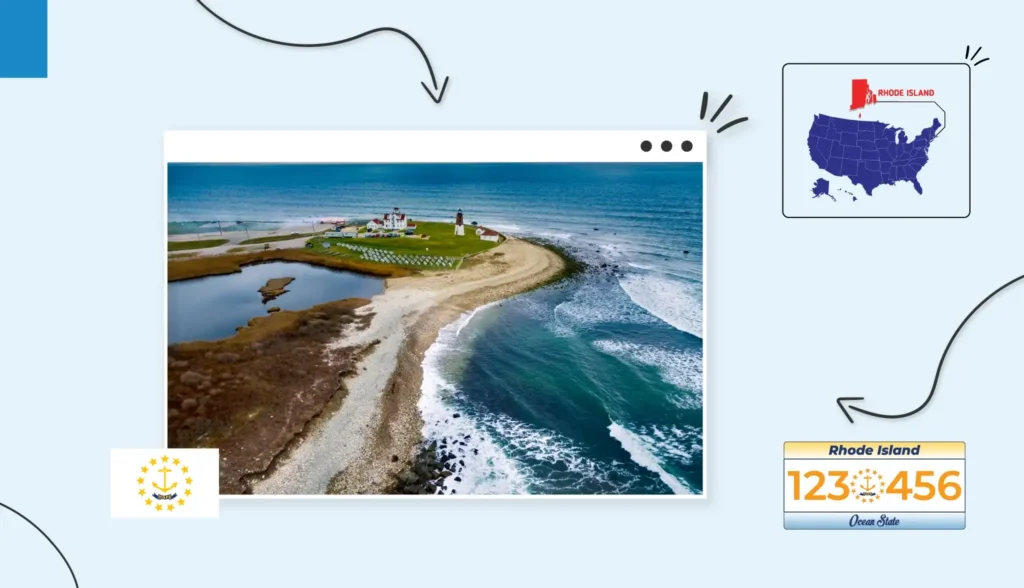 Scenic aerial view of a small town with a lighthouse surrounded by water in Rhode Island