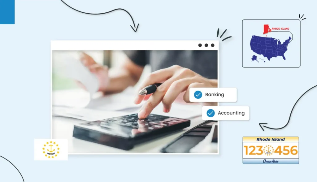 Small business owner using a calculator to budget for their small business in Rhode Island