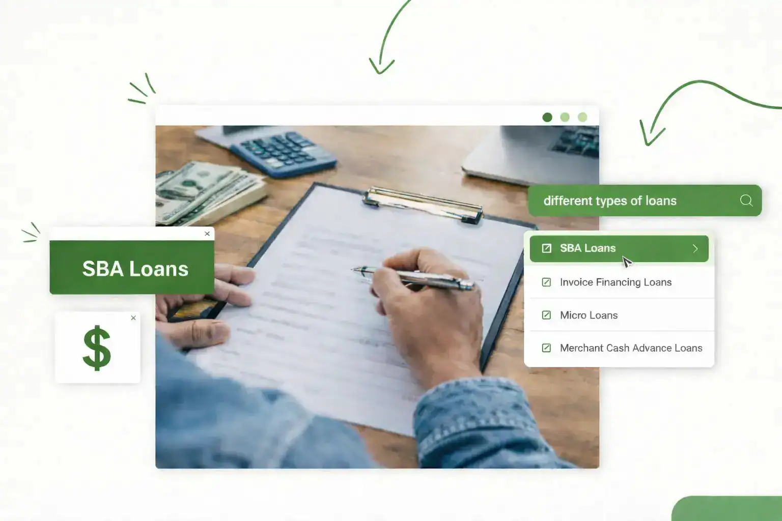 A person filing out a document. Text reads "SBA Loans"