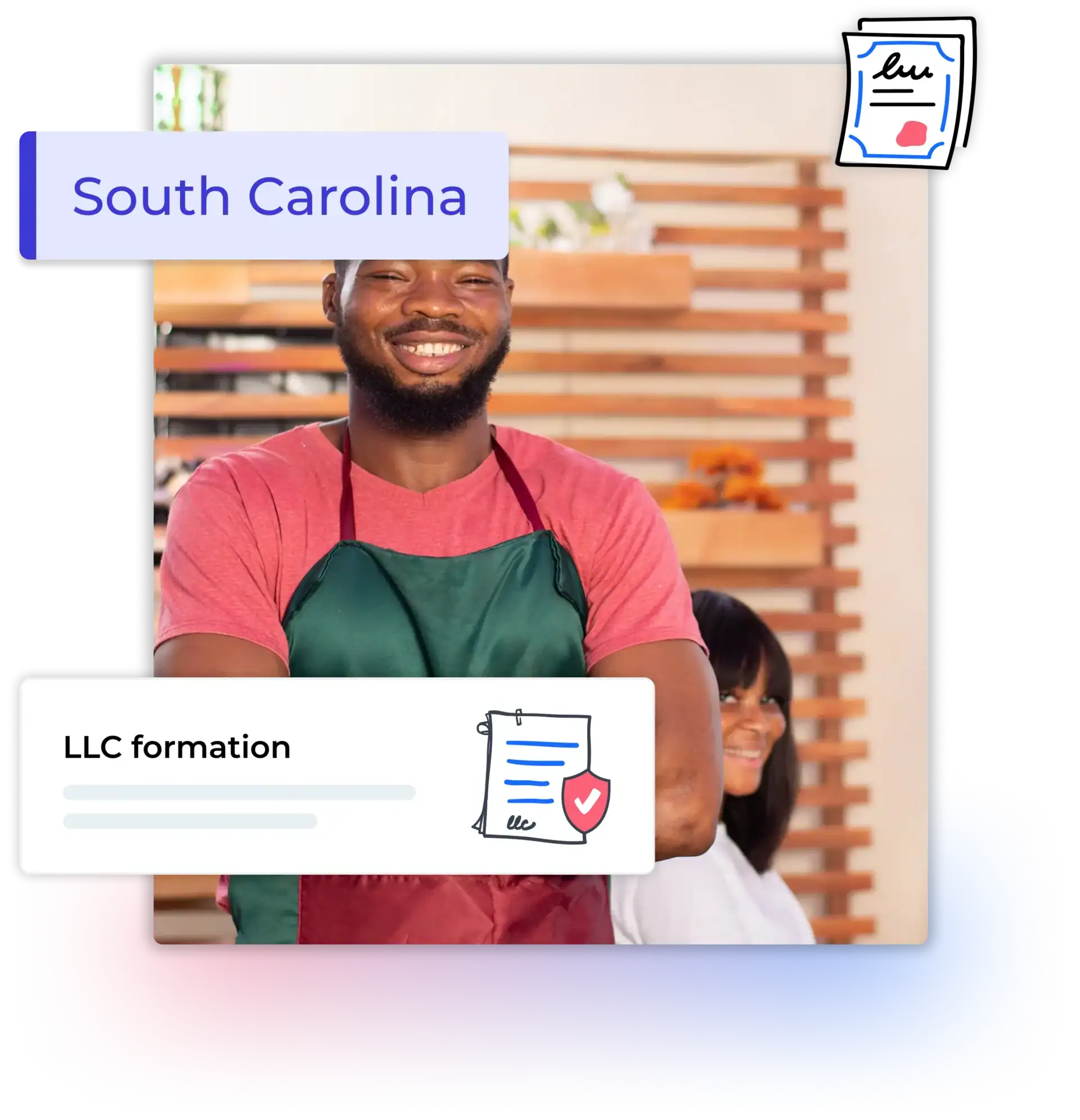 South Carolina LLC formation text with man with apron smiling