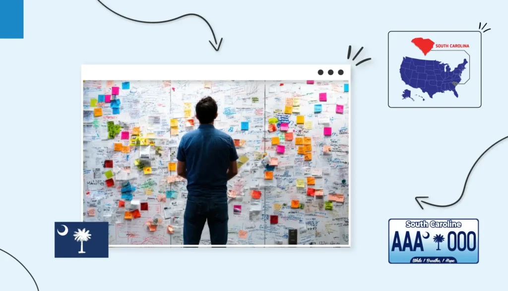 Small business owner looking at a wall covered in sticky notes of business ideas in South Carolina