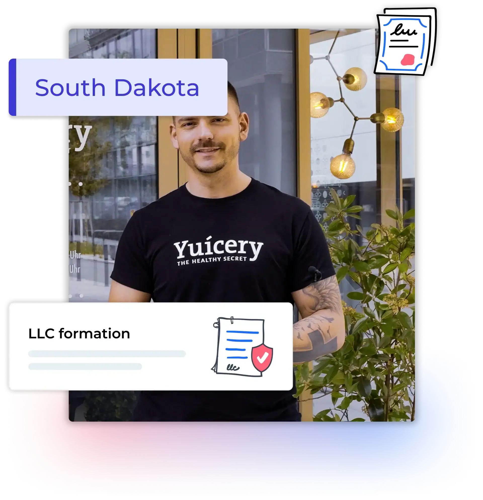 South Dakota LLC formation text with business man standing in his store