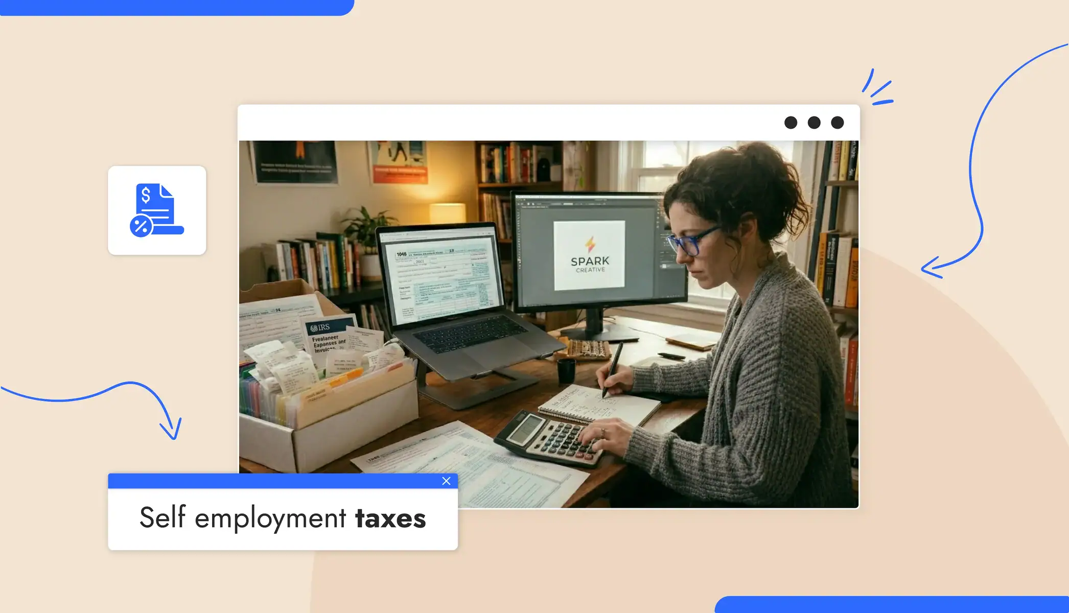 A woman in a home office setting sitting at a computer filing taxes