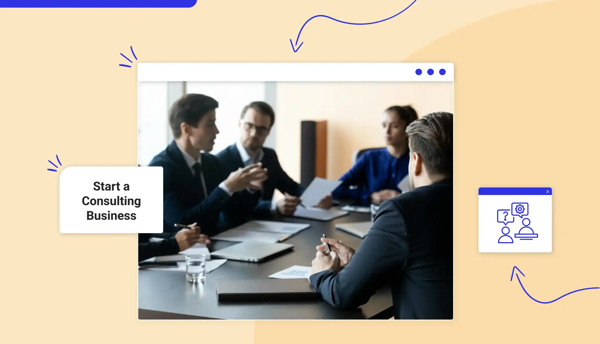 A group of people in business suits seated around a table in an office setting Text reads "Start a Consulting Business"