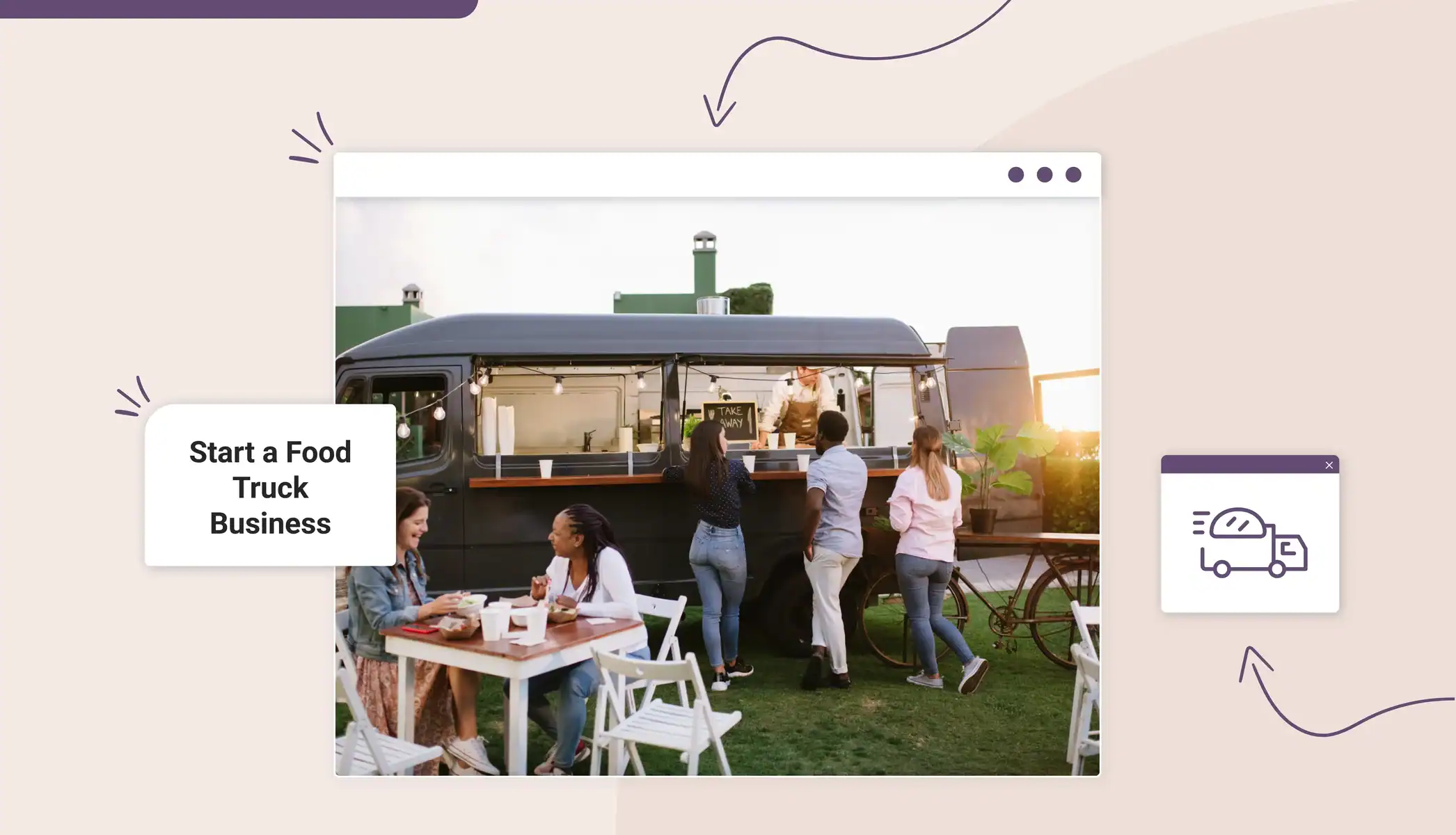 People lined up outside of a food truck in a green area with seating
