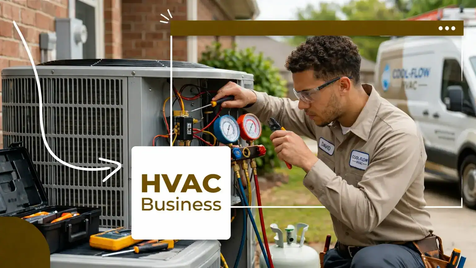 A man holding tools working on an outdoor AC unit, text reads "HVAC Business"