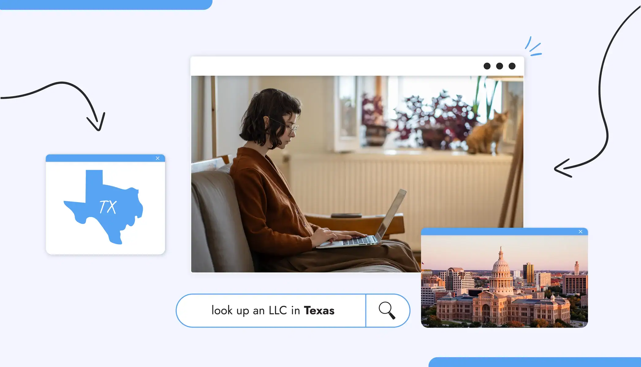 A woman sitting on a couch with a laptop on her lap Texas state map