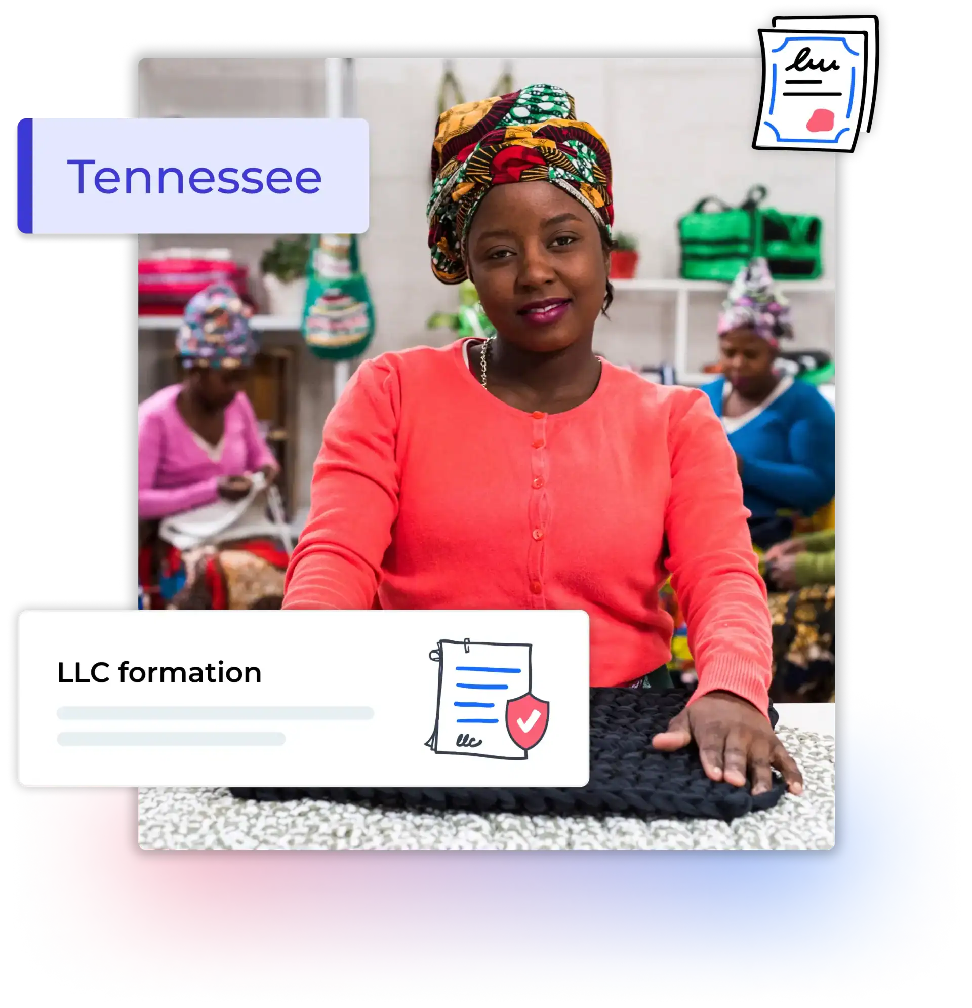 Tennessee LLC formation text with a business woman with a head cover at a clothing workshop