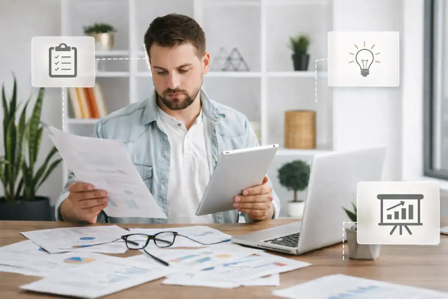 A man looking at a tablet and a piece of paper