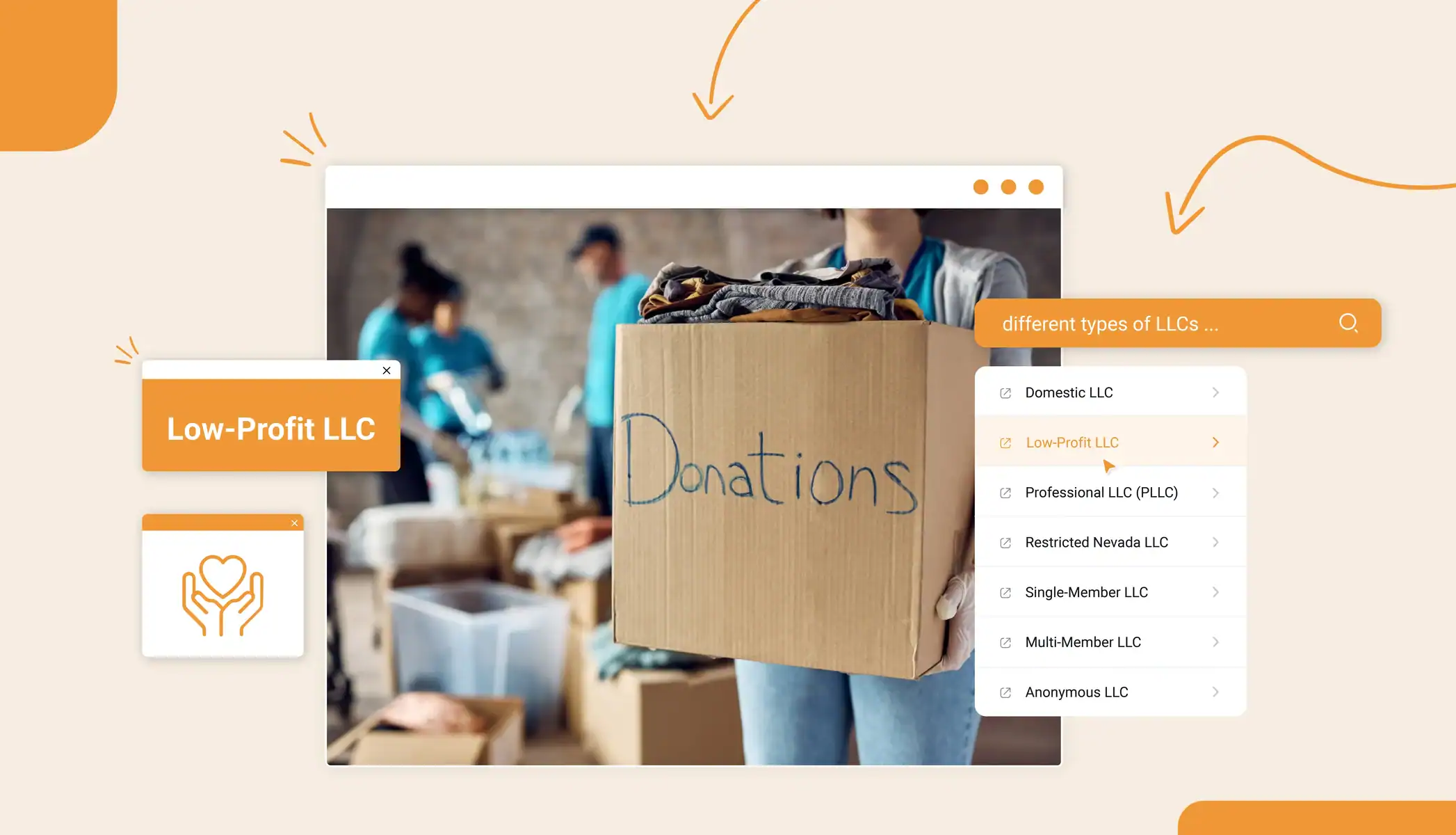A person holding a box marked "Donations" Text reads "Low Profit LLC"