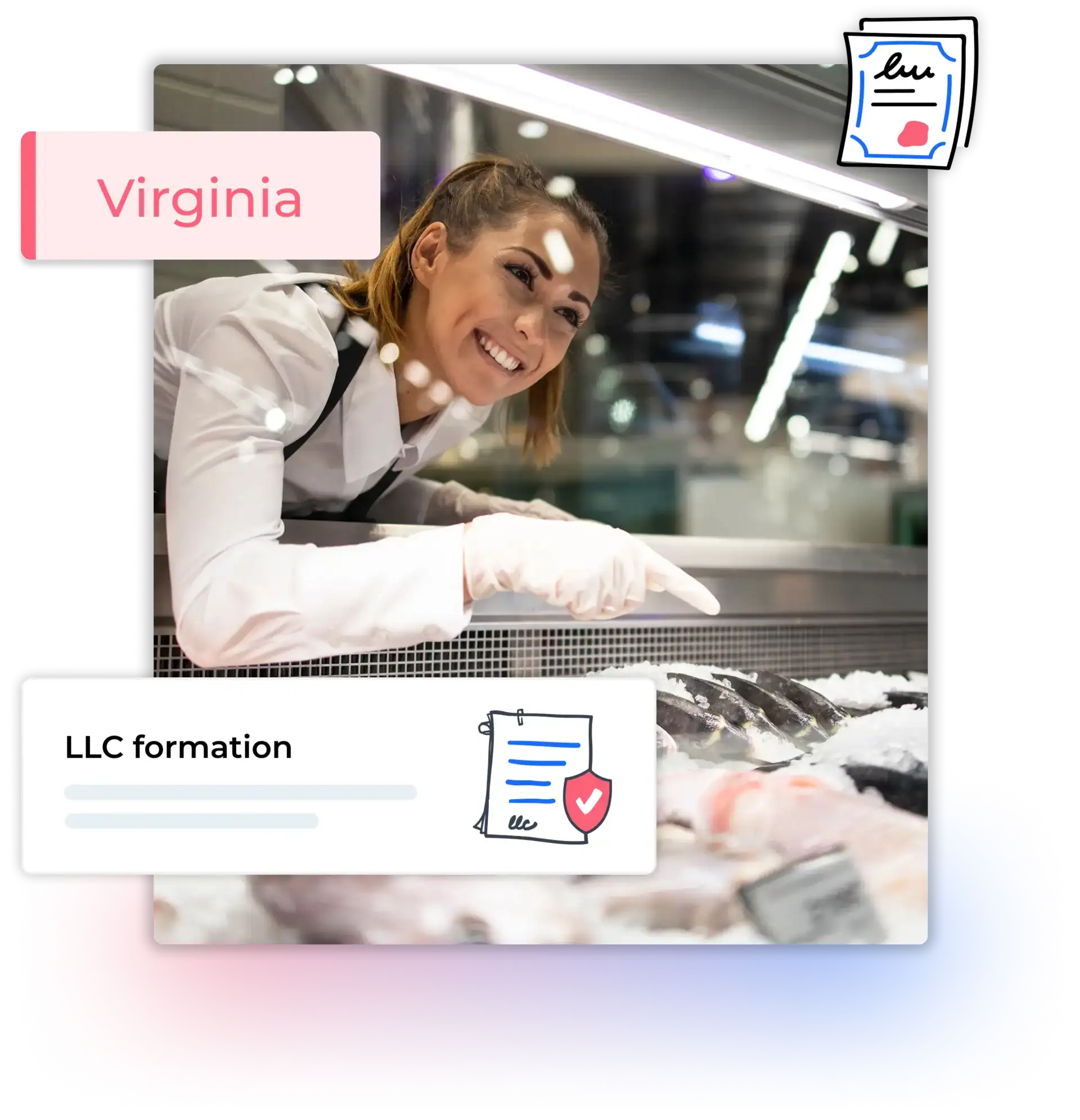 Virginia LLC formation text with business woman at a fresh fish store