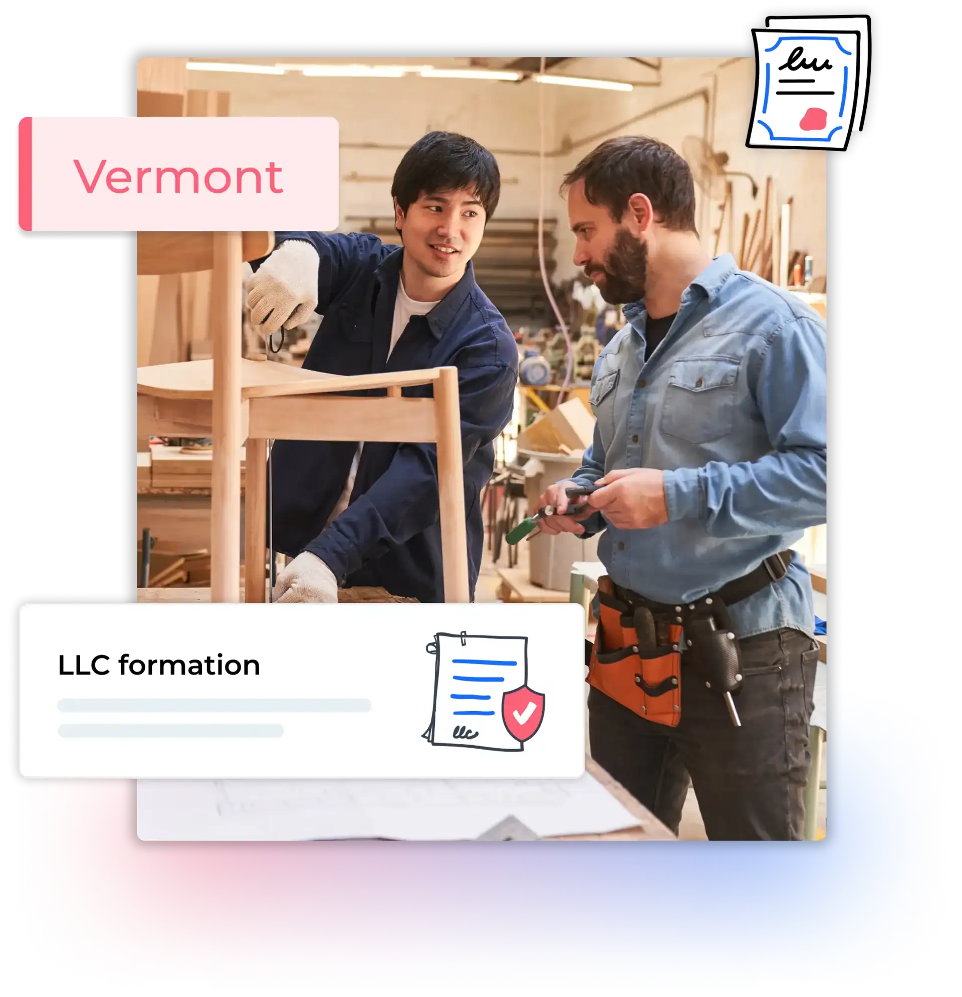 Vermont LLC formation text with two business men finishing a chair in their carpentry shop