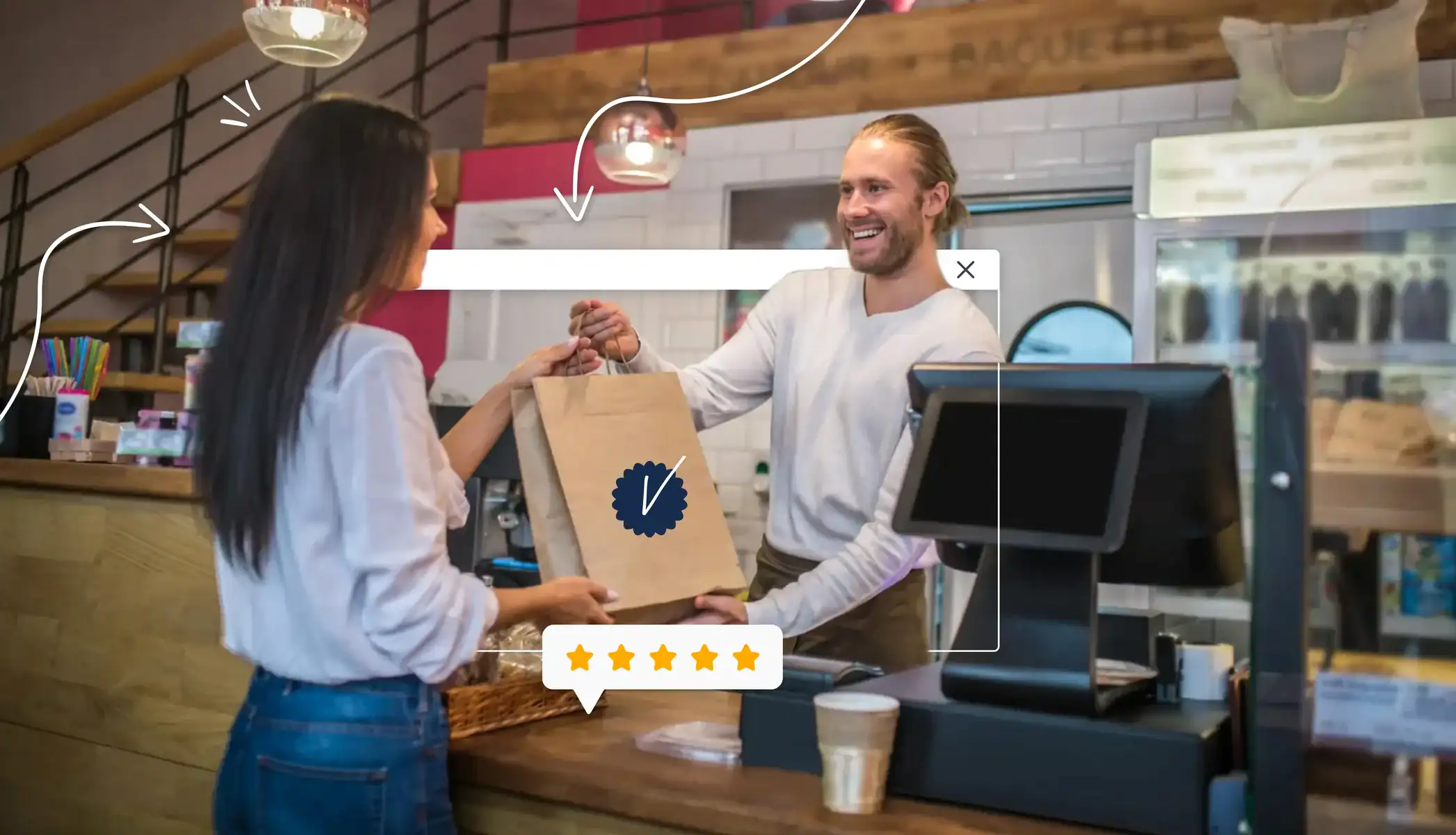 A shop owner handing a bag to a customer, both smiling. There is a five star review below