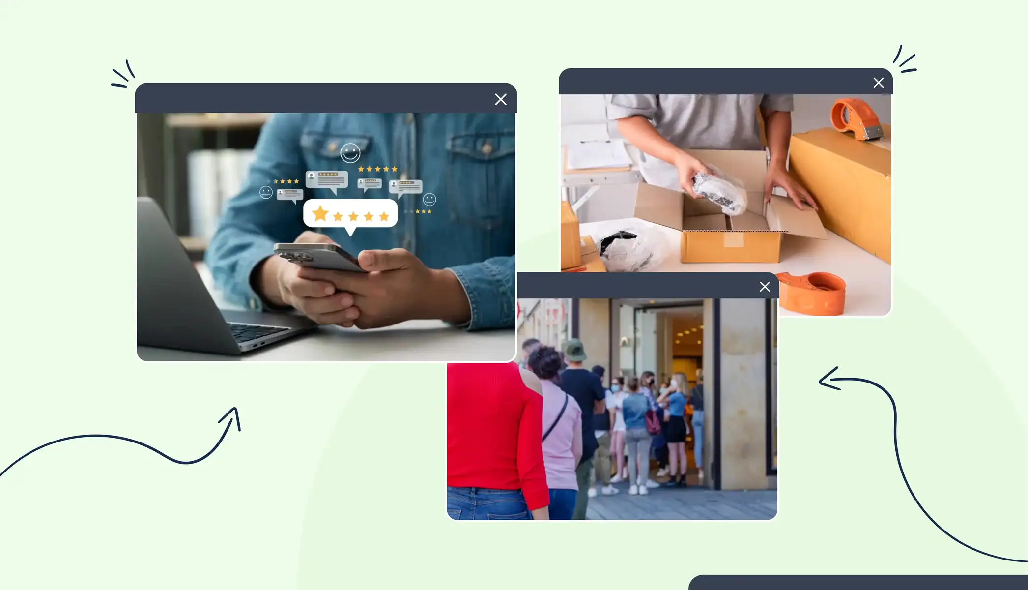 A person on their phone leaving a 5-star review A person packing an order into a box A line of customers outside a shop door