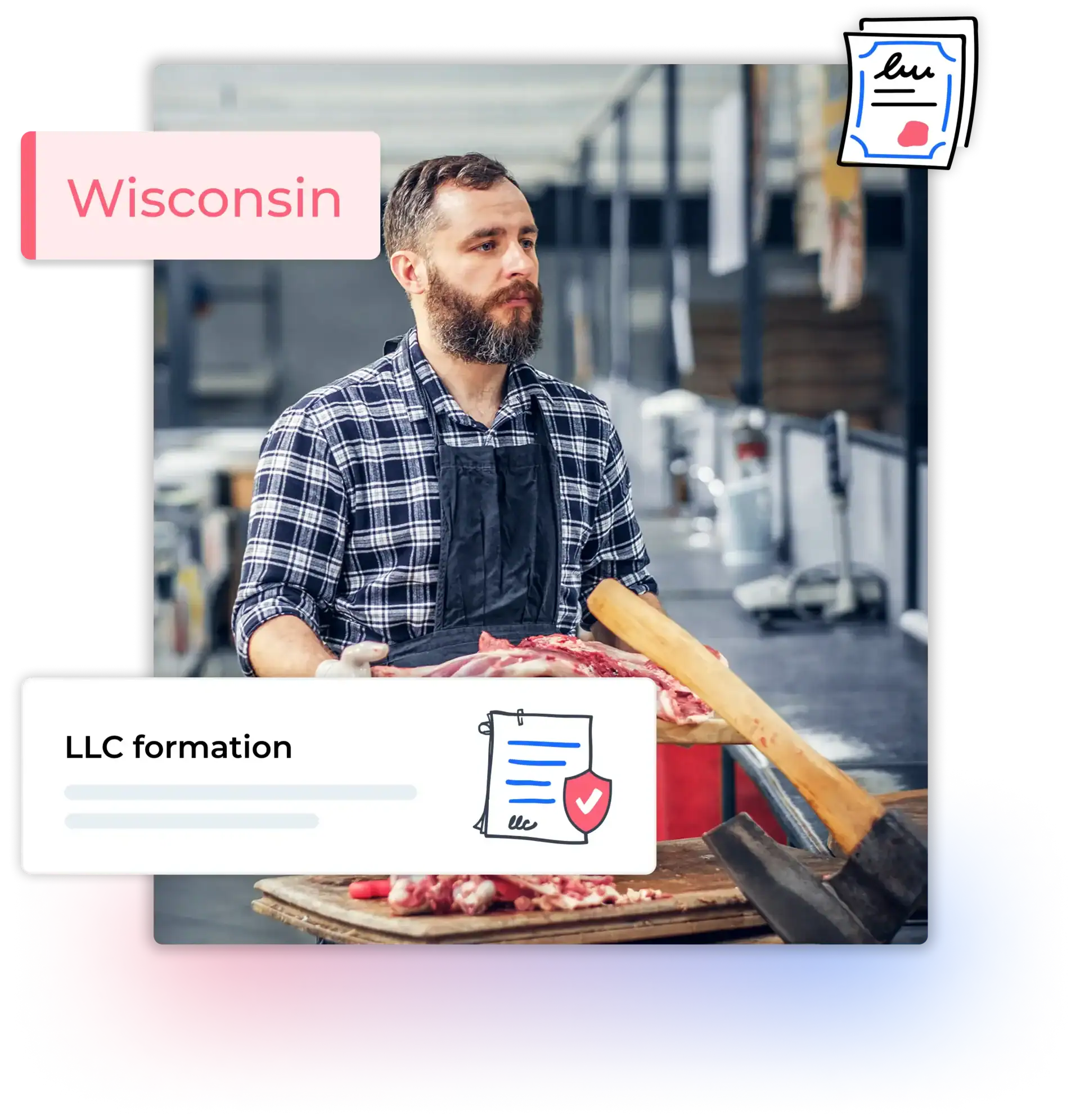 Wisconsin LLC formation text with a butcher working in his store