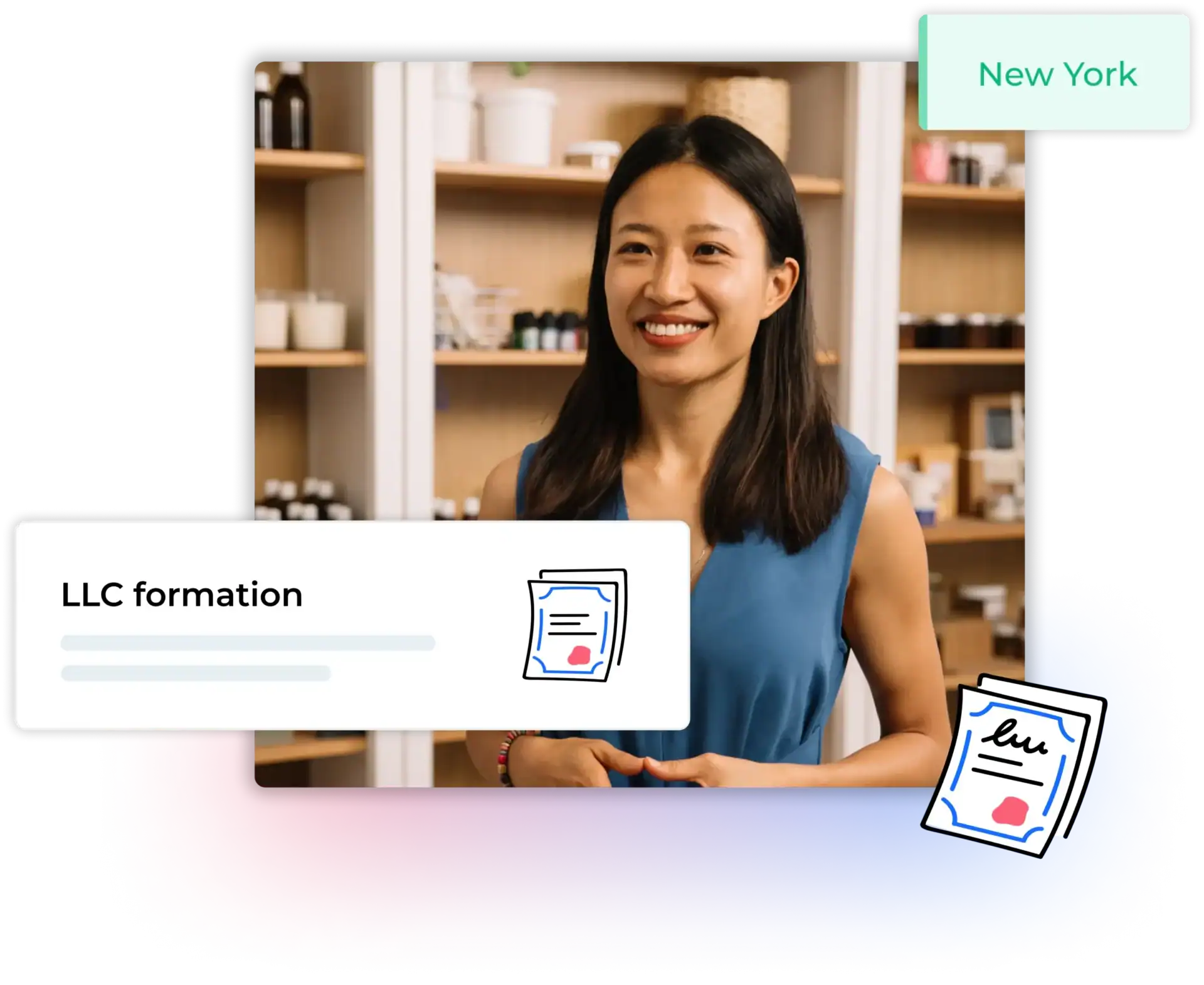 Form an LLC in New York text with a smiling business owner