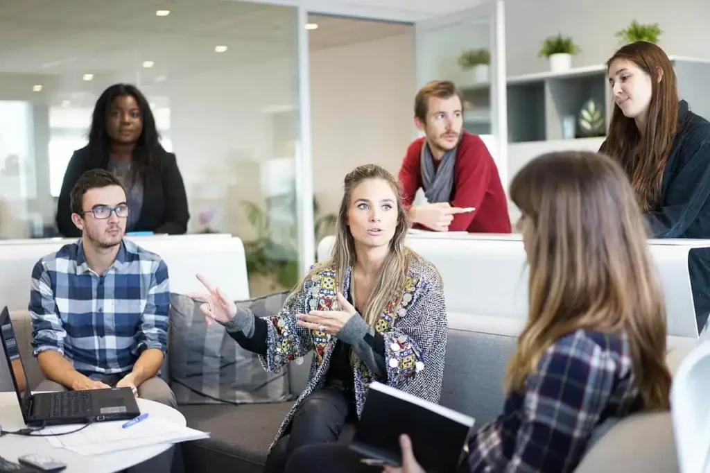 Staff at an office discussing something