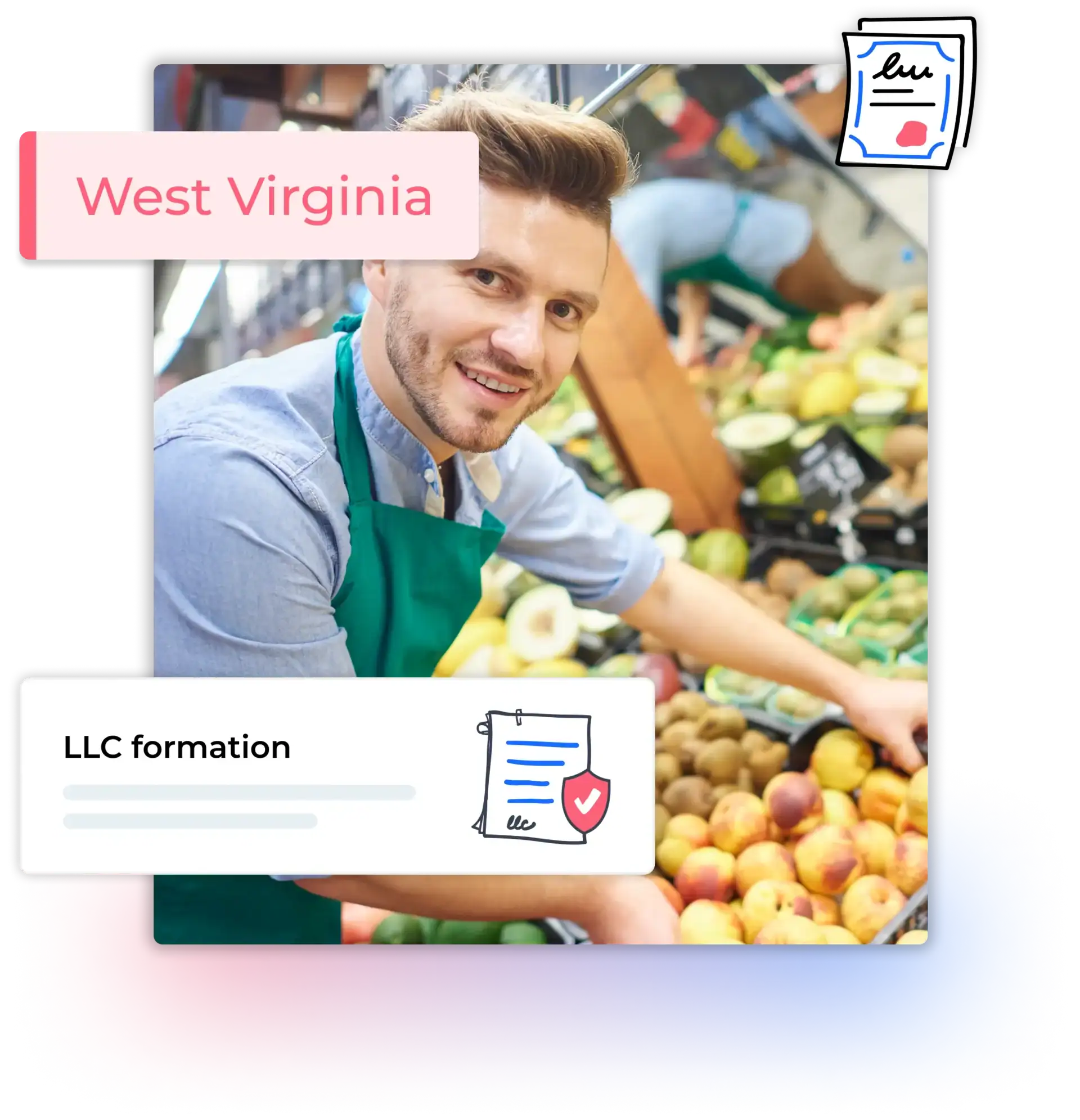 West Virginia LLC formation text with business man working in his super market organizing fruit