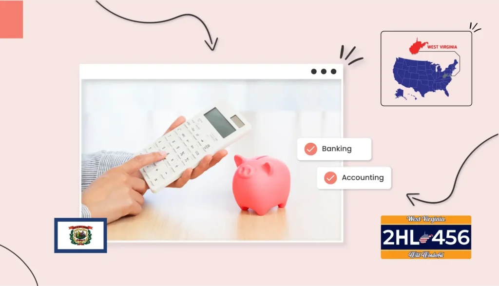 A person holding a calculator in their hands next to a small pink piggy-bank in West Virginia