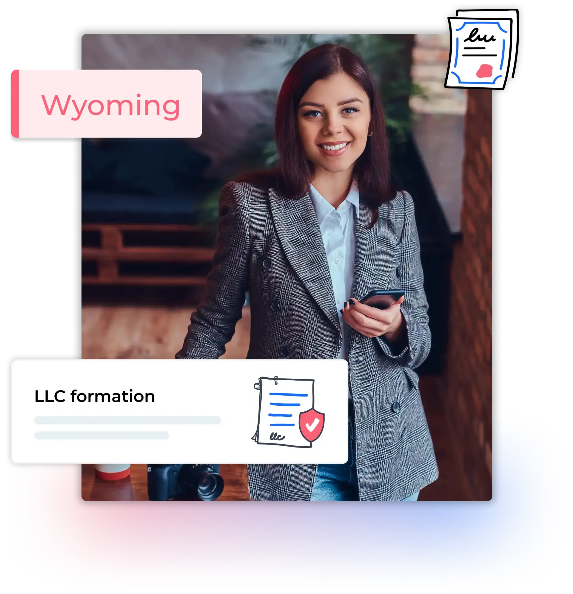 Wyoming LLC formation text with business woman in her office holding her phone